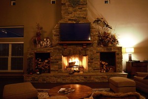 fire in stone fireplace